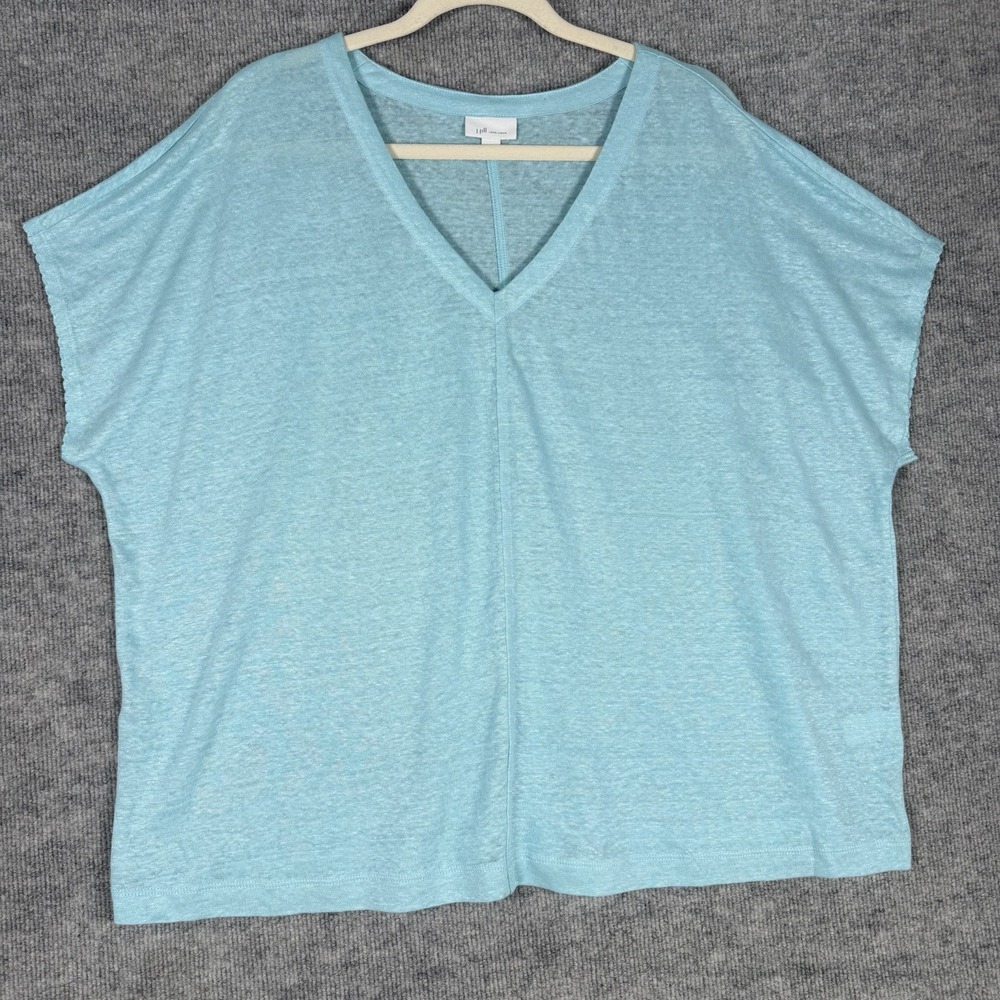 J Jill Love Linen Size-XL Oversized Top Blue Short Sleeve V-Neck T-shirt